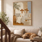 Terrace Companions painting above a pale sofa with a resting dog in a sunlit living room.