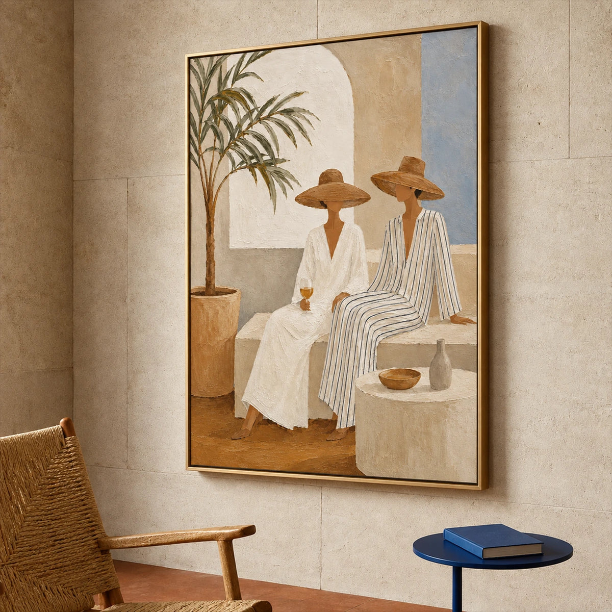 Angled view of Terrace Companions beside a woven chair and a small blue side table.