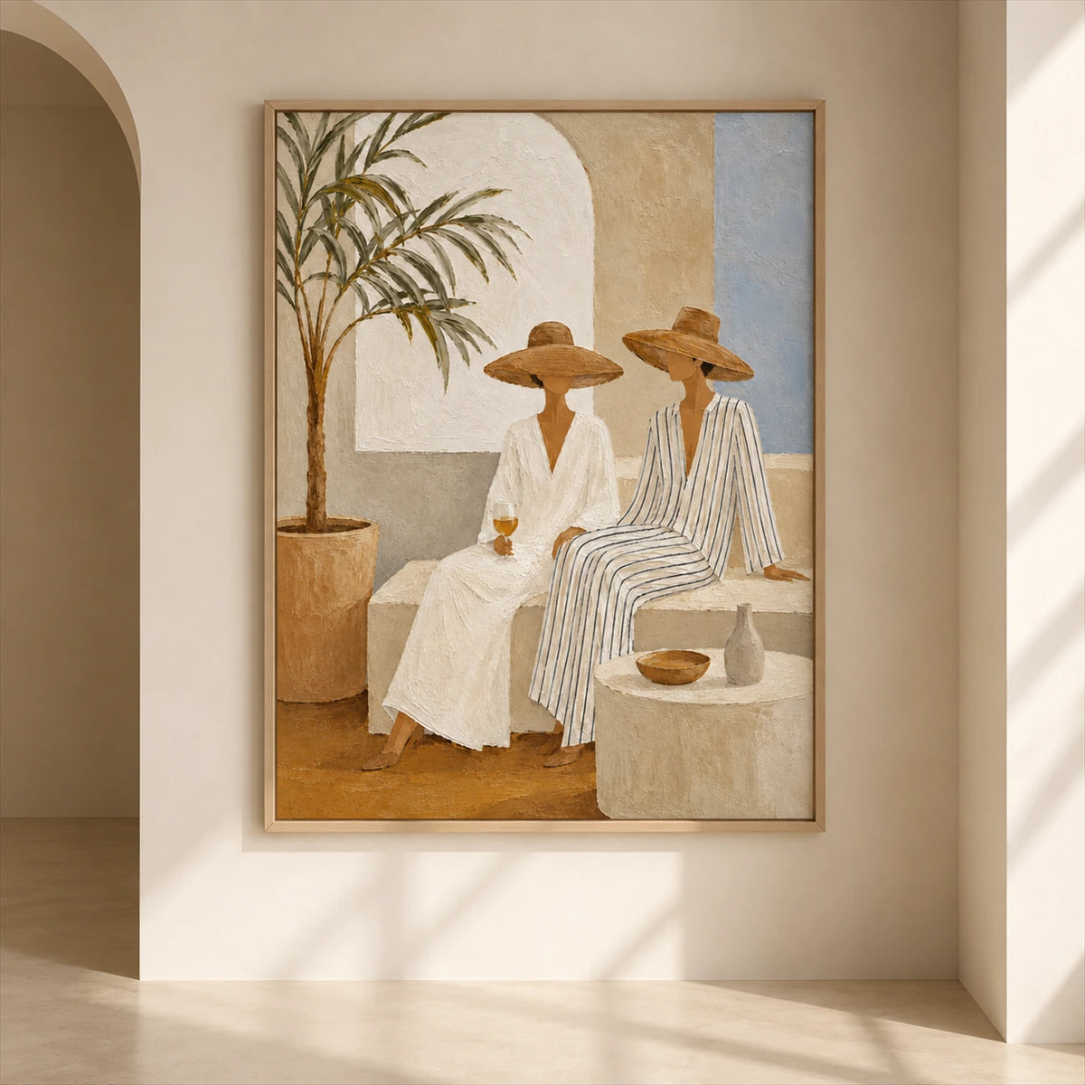 Terrace Companions painting on a sunlit cream wall beside a rounded archway.