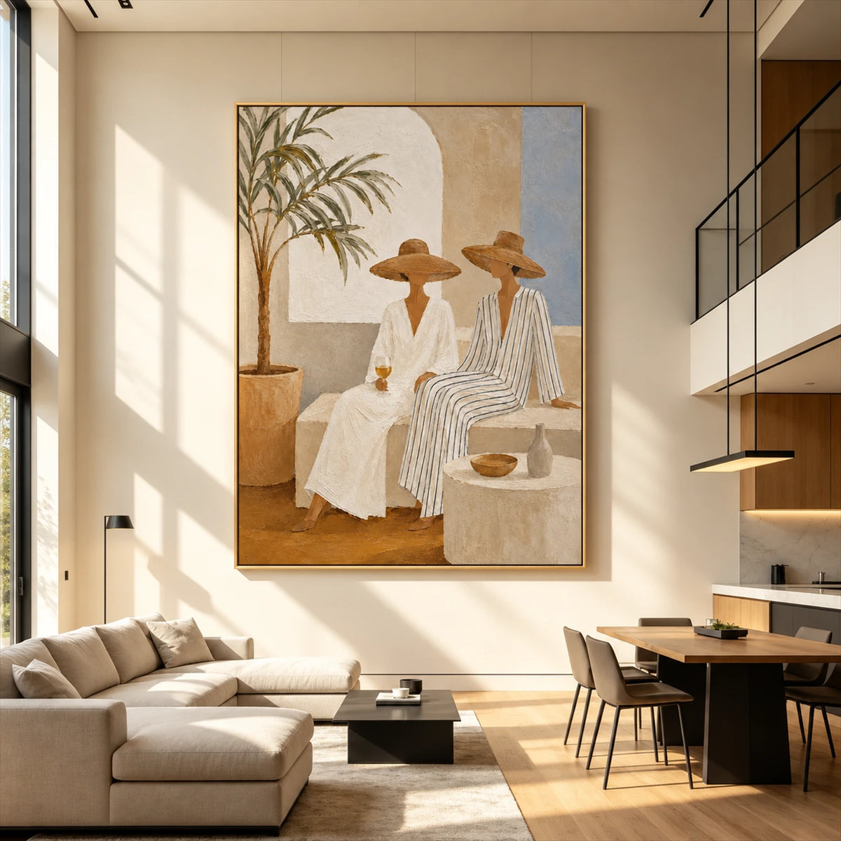 Terrace Companions painting in a tall bright living room with pale seating and a dining area.