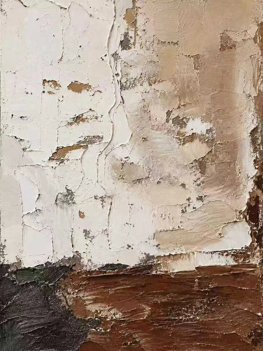 Full abstract artwork of layered ivory and sand forms above a rust-brown and charcoal base with irregular edges and fine linear marks.