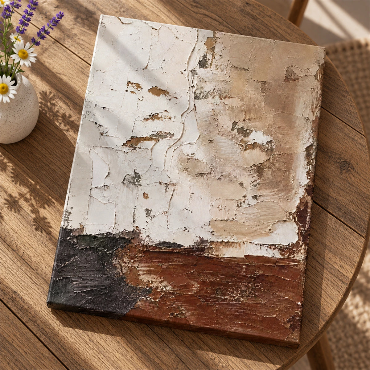 Styled tabletop presentation of Earthen Layers canvas on wood beside a vase of small flowers.