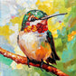 Full square artwork of a hummingbird with an emerald crown and ruby throat on a russet branch against yellow, green and pale blue.