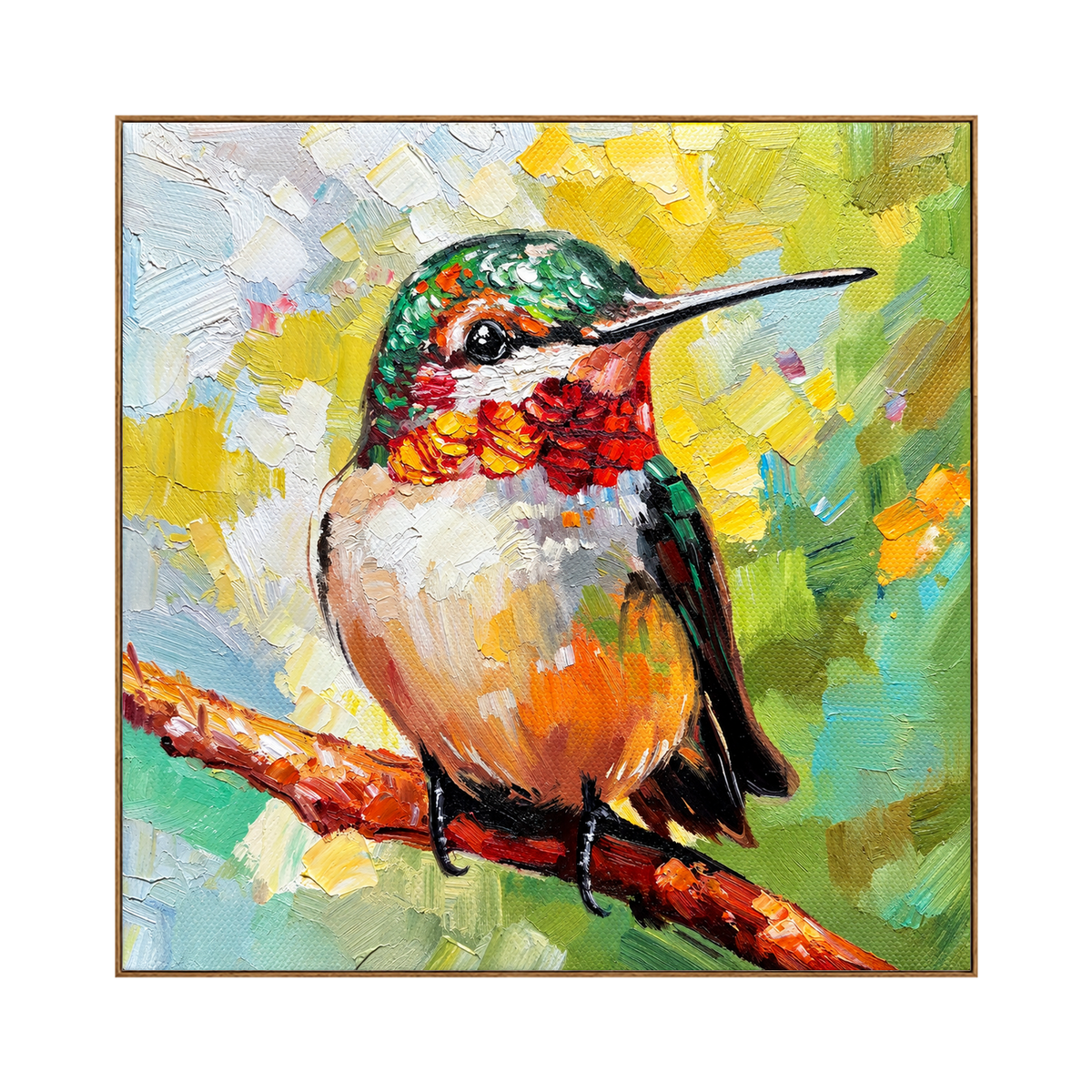 Jewel Hummingbird square artwork in a natural wood frame on a transparent background.