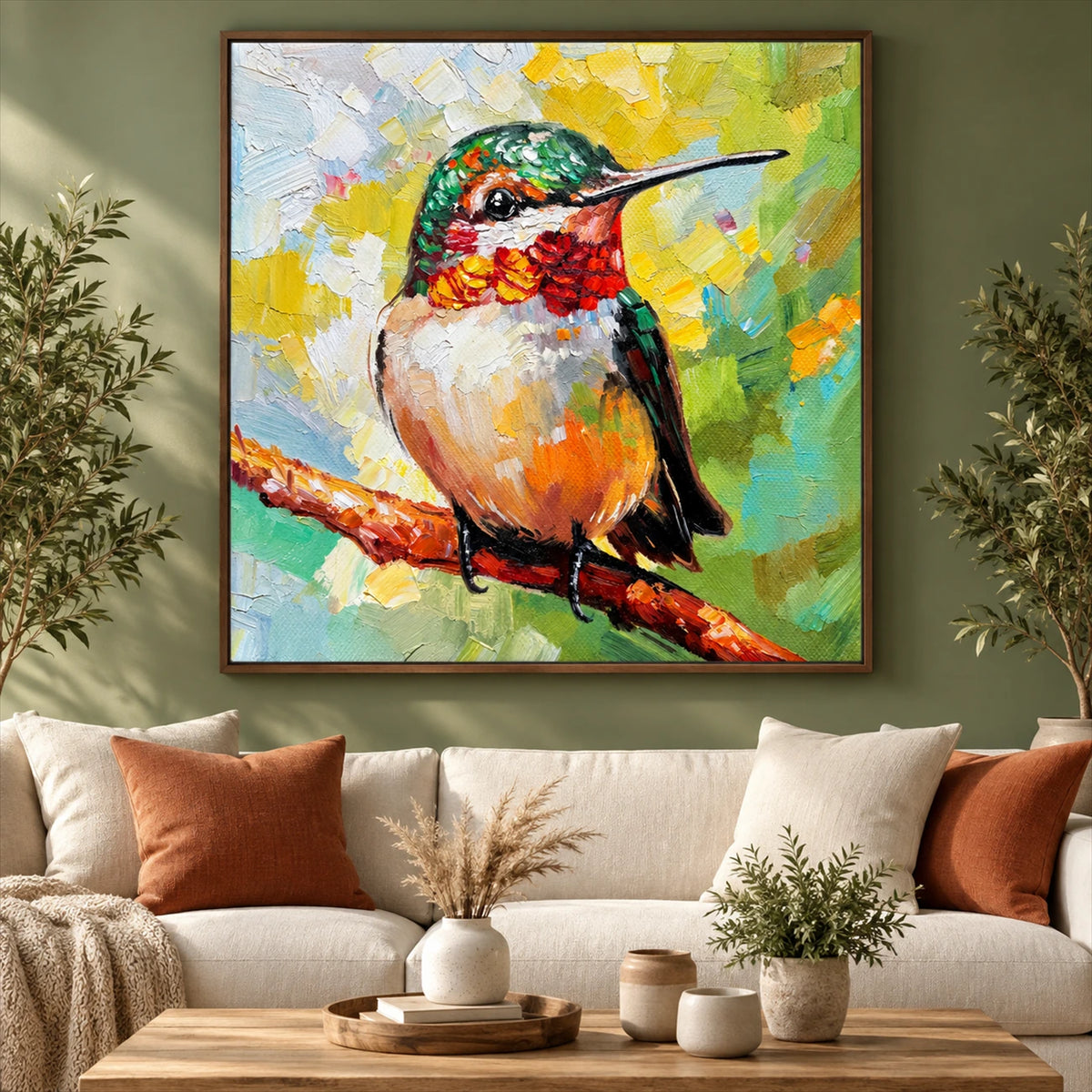 Jewel Hummingbird painting above a cream sofa with rust-colored cushions against an olive wall.