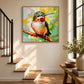 Jewel Hummingbird painting beside a sunlit staircase and wooden console.