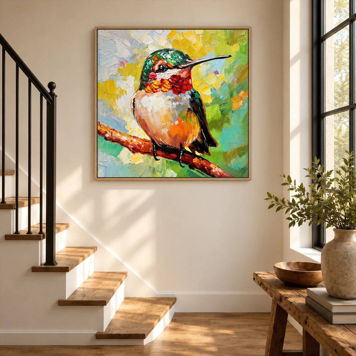 Jewel Hummingbird painting beside a sunlit staircase and wooden console.