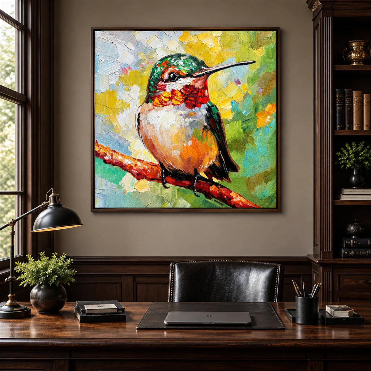 Jewel Hummingbird painting above a dark wooden desk in a paneled study.