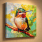 Angled presentation of Jewel Hummingbird on stretched canvas without an outer frame on a warmly lit wall.