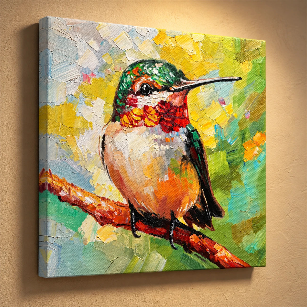 Angled presentation of Jewel Hummingbird on stretched canvas without an outer frame on a warmly lit wall.