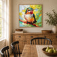 Jewel Hummingbird painting above a rustic wooden sideboard beside a dining table and bright windows.
