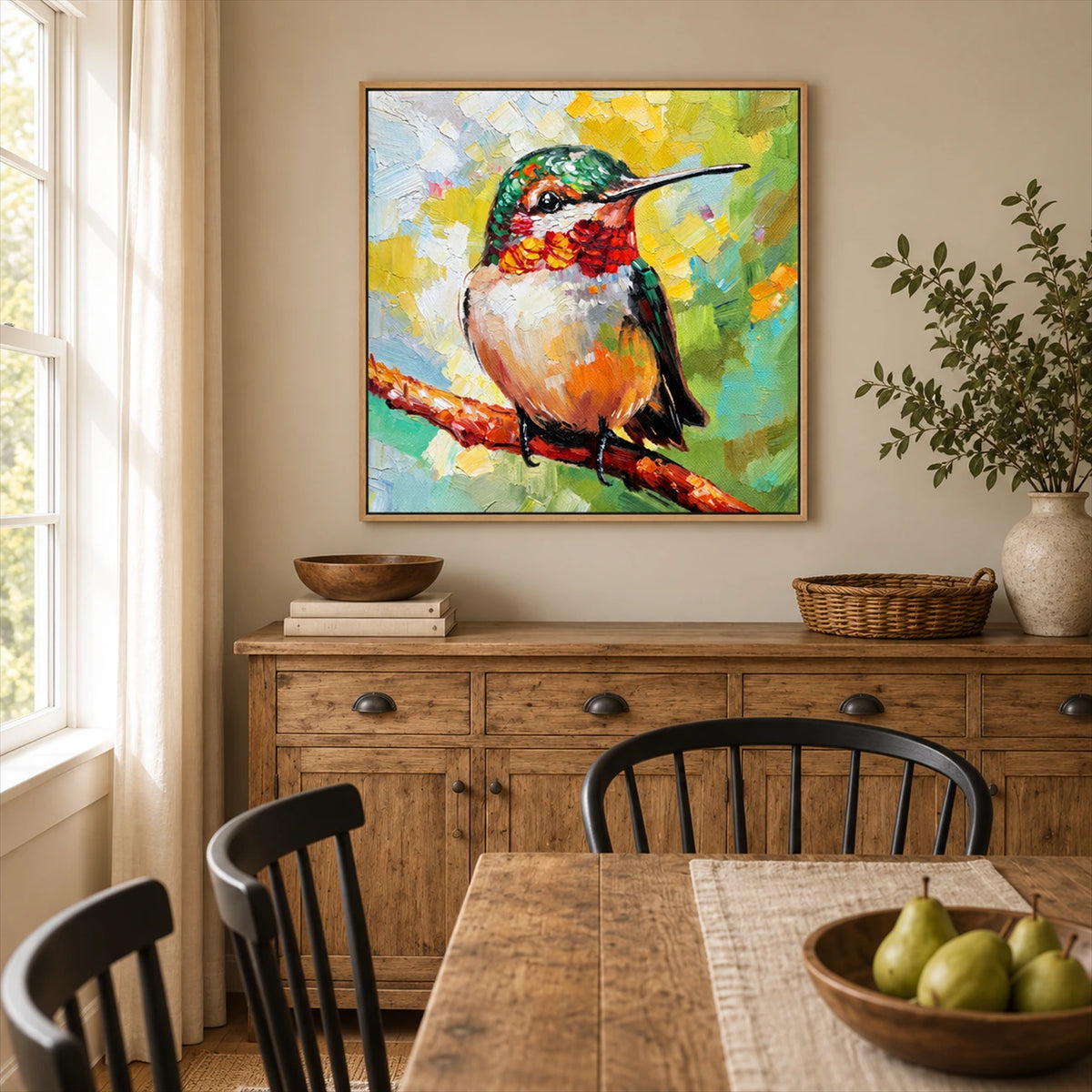 Jewel Hummingbird painting above a rustic wooden sideboard beside a dining table and bright windows.