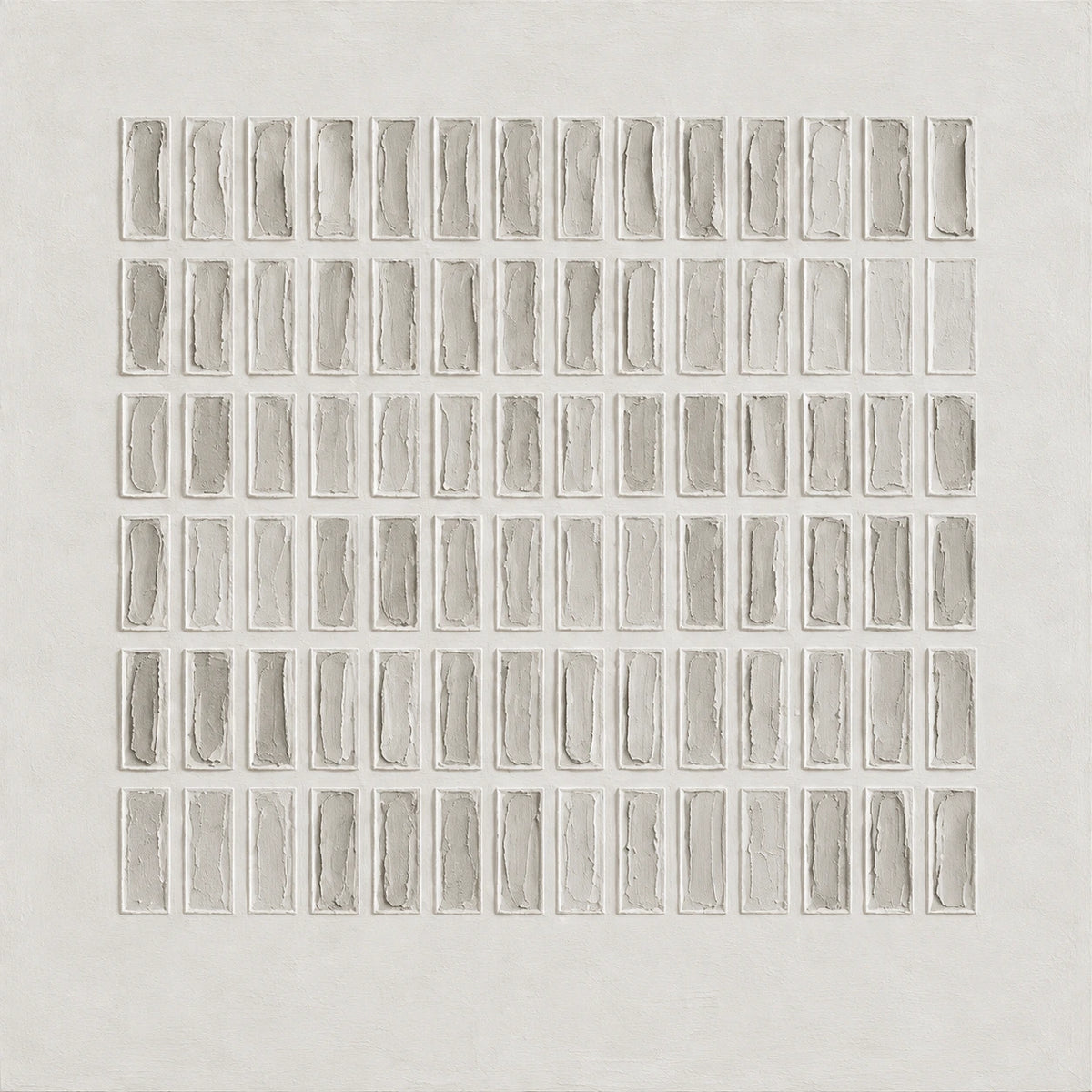 Full square abstract artwork of repeated slender gray rectangles arranged in rows within a broad warm ivory border.