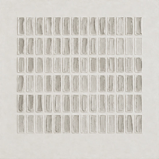 Full square abstract artwork of repeated slender gray rectangles arranged in rows within a broad warm ivory border.