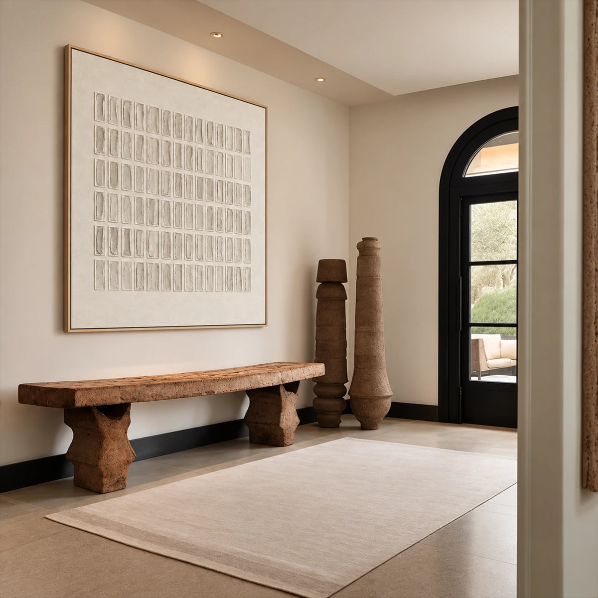 Quiet Grid painting above a rustic wooden bench near a black arched doorway in a neutral entryway.