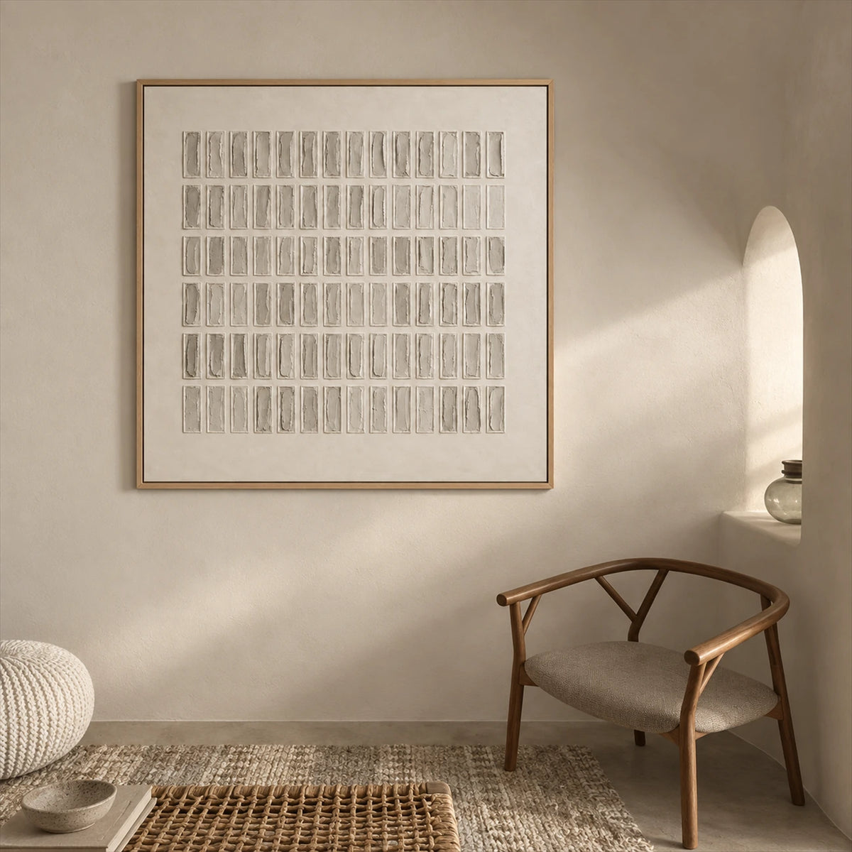 Quiet Grid painting beside a wooden armchair in a softly lit room with woven textures.