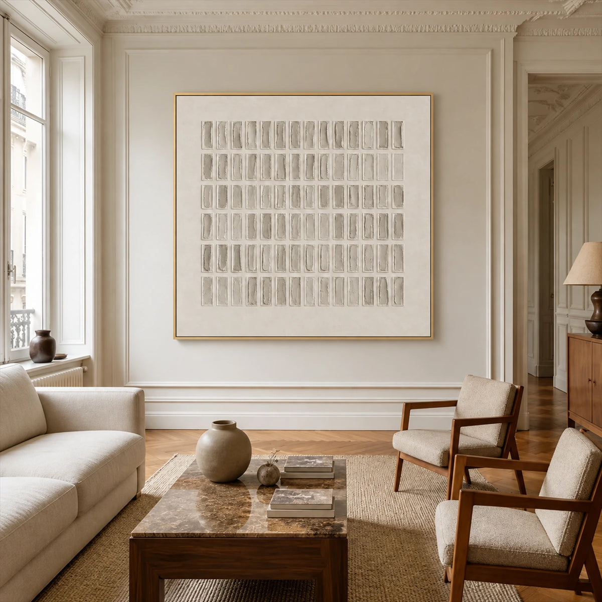 Quiet Grid painting above a wooden coffee table between pale seating in a paneled living room.