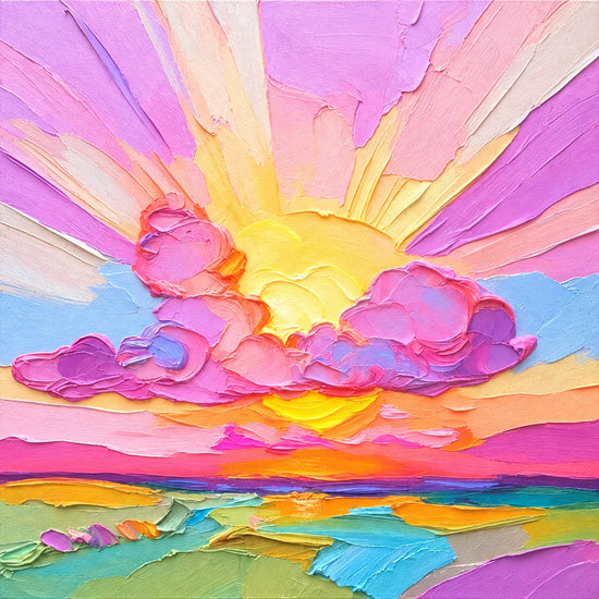 Full square abstract landscape of a yellow sun, radiating pastel rays, pink and violet clouds and colorful turquoise and green foreground bands.