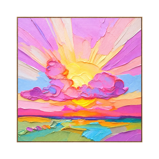 Candy Sunset square artwork in a natural wood frame on a transparent background.