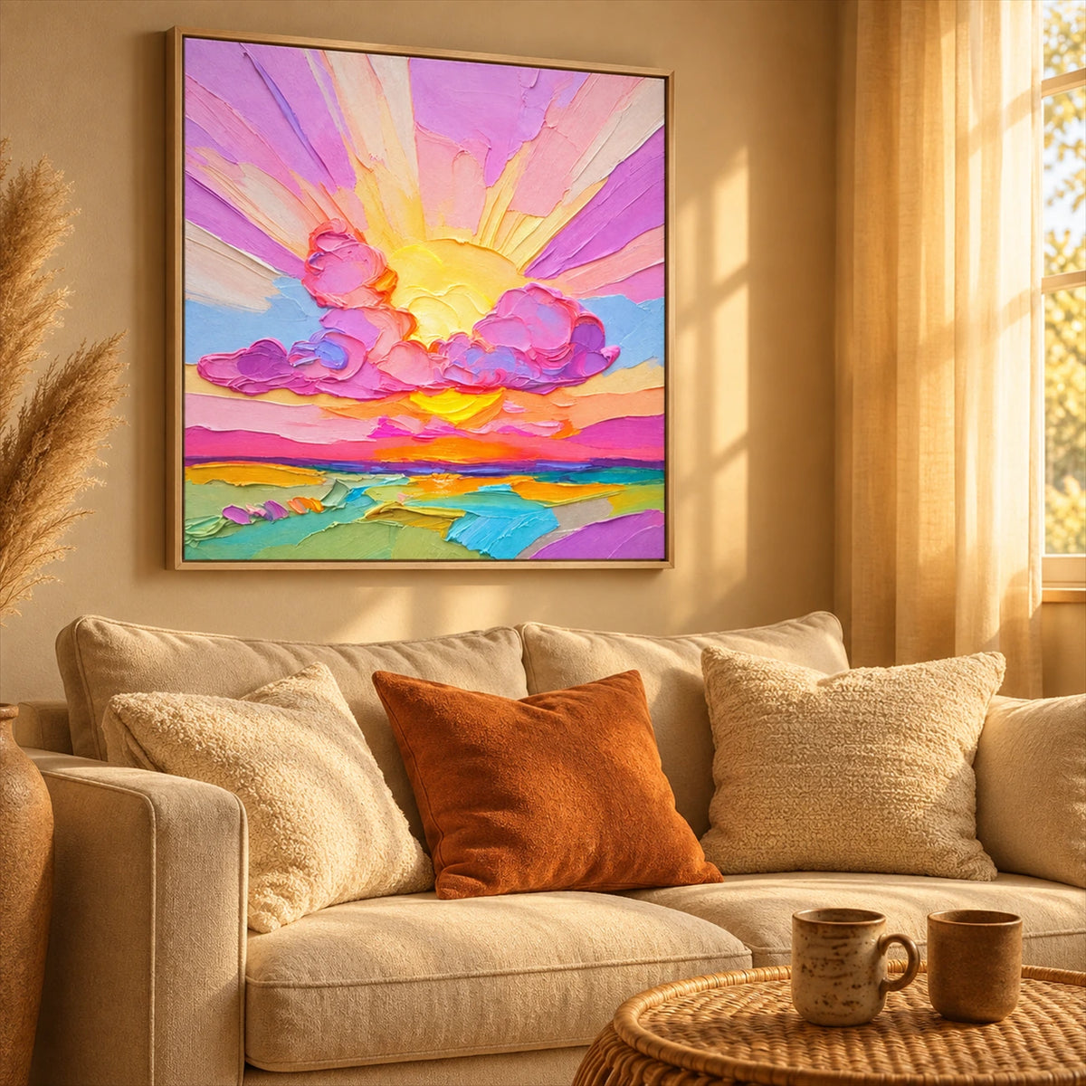 Candy Sunset painting above a cream sofa with rust cushions in a warmly sunlit room.