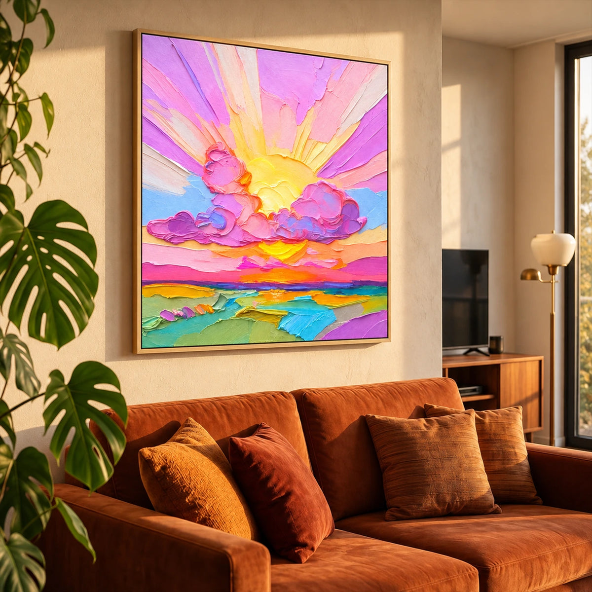 Candy Sunset painting above a rust-colored sofa beside large green plants and a sunny window.