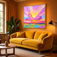 Candy Sunset painting above a mustard sofa against a warm ochre wall.