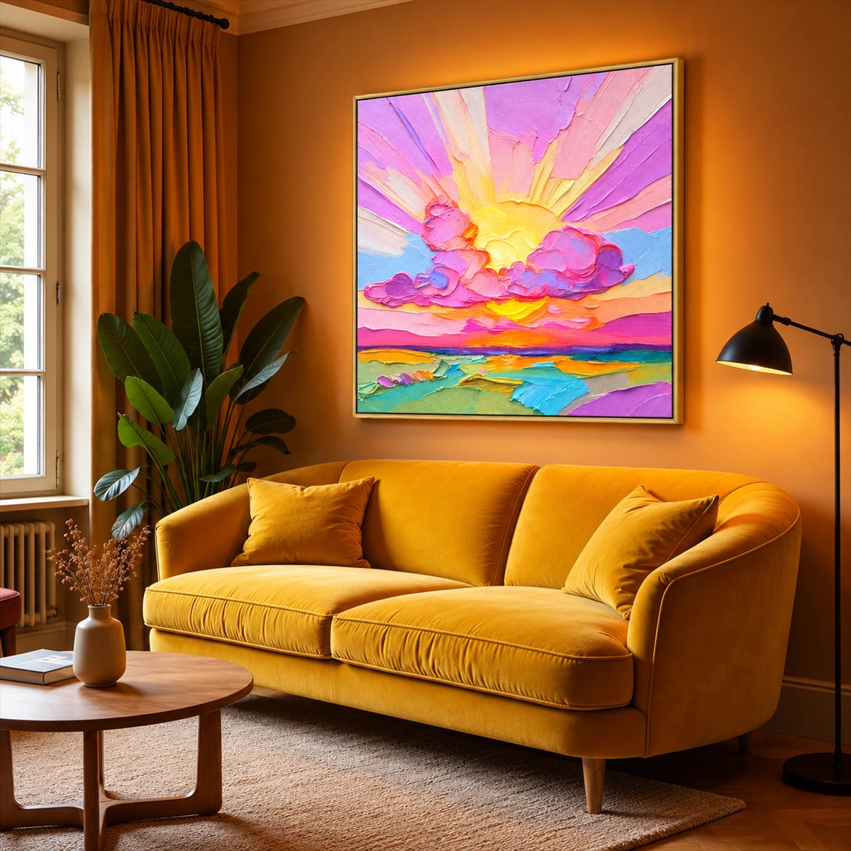 Candy Sunset painting above a mustard sofa against a warm ochre wall.