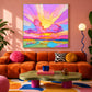 Candy Sunset painting above an orange sectional with colorful cushions in a playful coral living room.