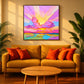 Candy Sunset painting above a golden sofa with orange cushions and a round wooden coffee table.