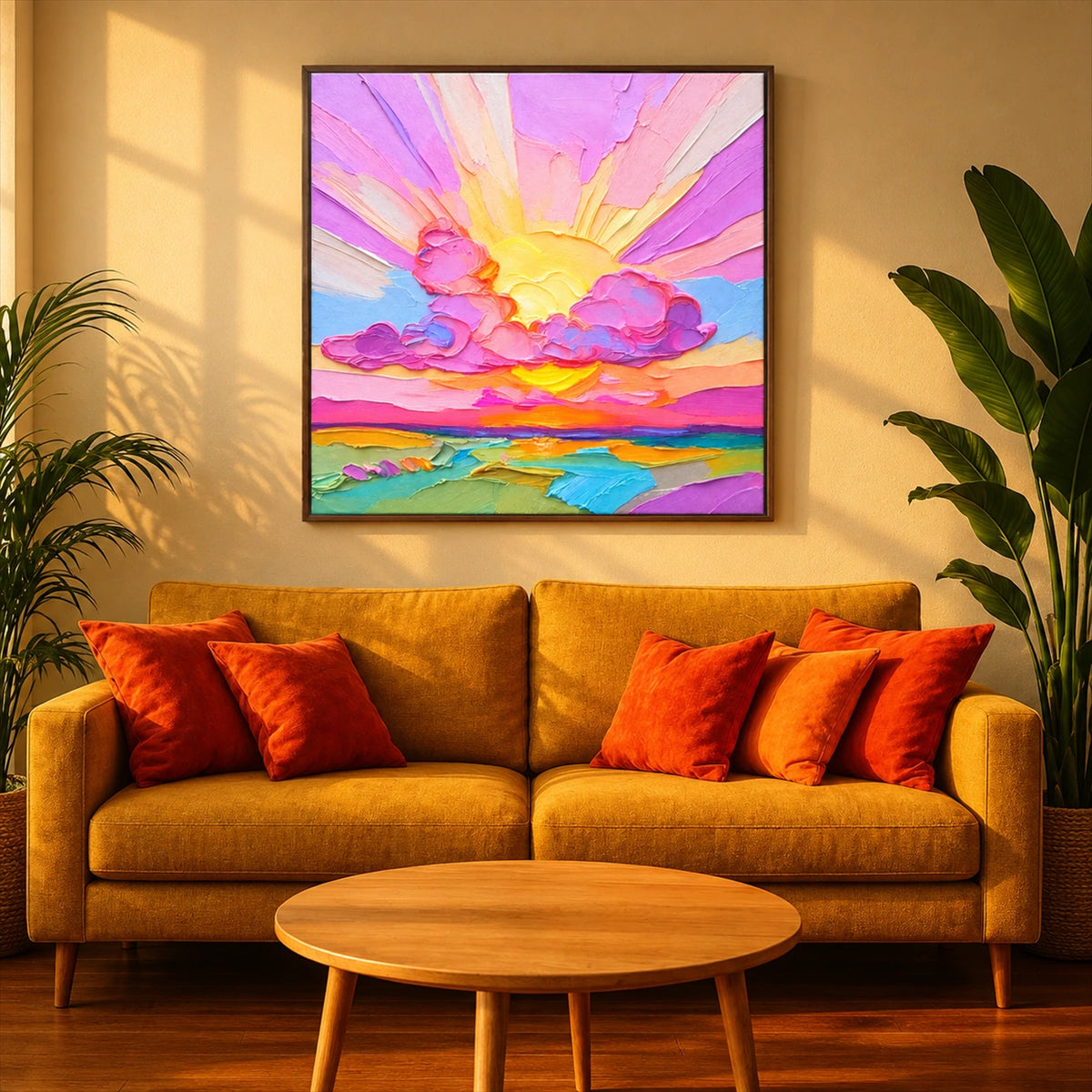 Candy Sunset painting above a golden sofa with orange cushions and a round wooden coffee table.