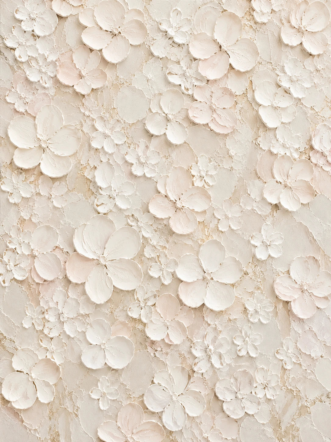 Full botanical artwork of overlapping ivory blossoms and tiny floral details in cream, pale blush and beige.
