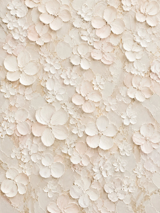 Full botanical artwork of overlapping ivory blossoms and tiny floral details in cream, pale blush and beige.