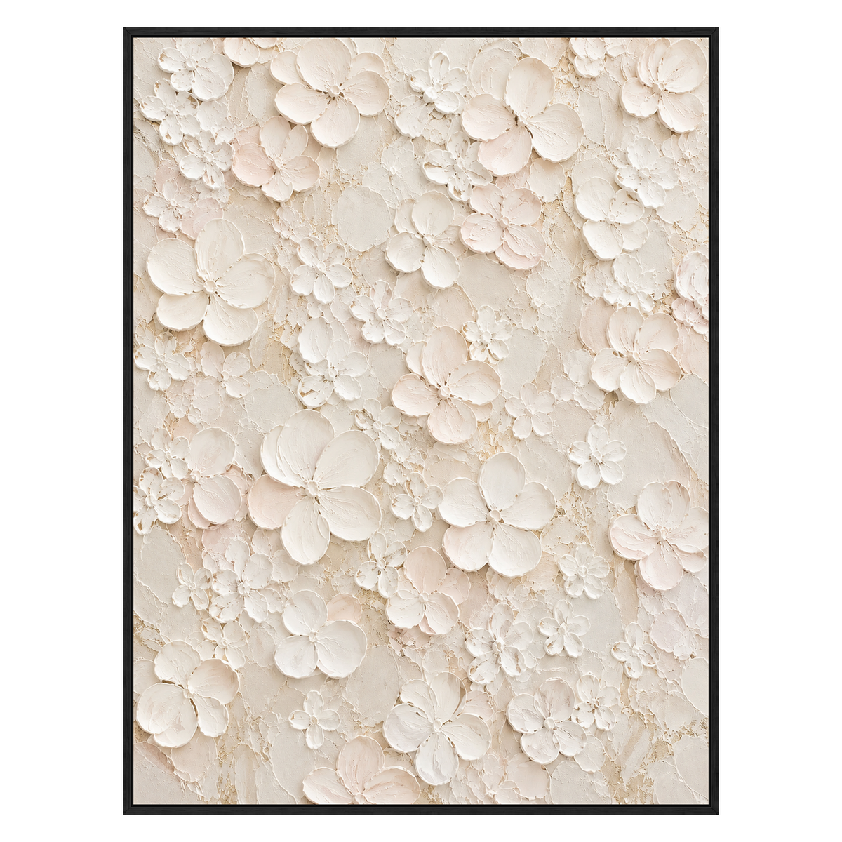 Ivory Petal Garden vertical artwork in a black frame on a transparent background.