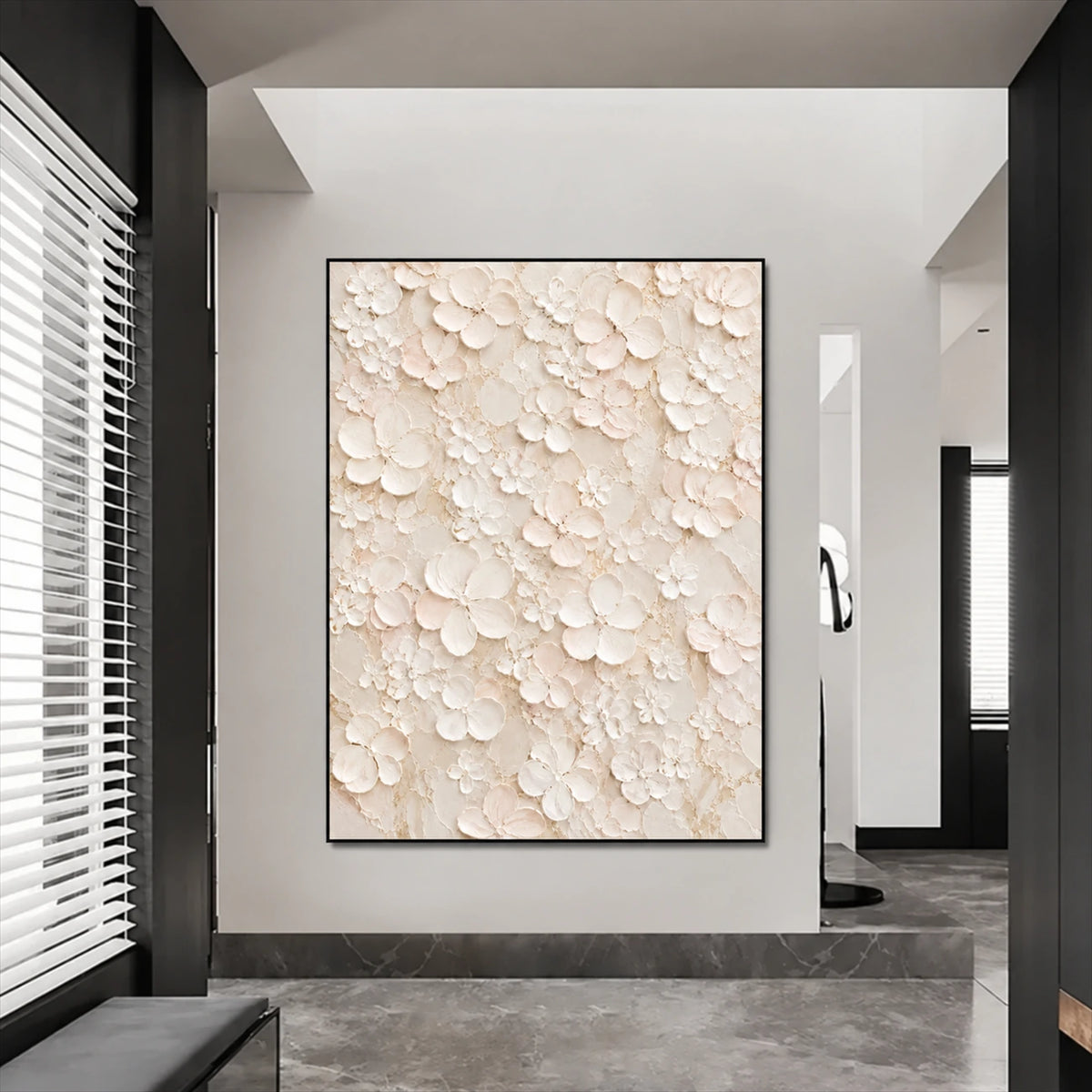 Ivory Petal Garden painting on a pale wall in a monochrome entryway with dark architectural details.