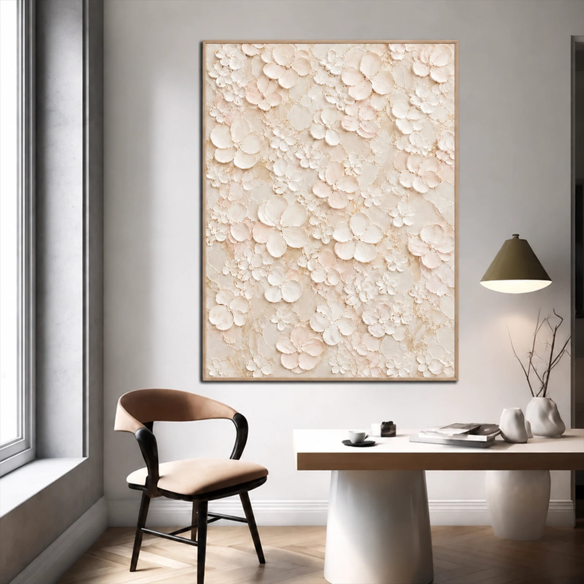 Ivory Petal Garden painting above a pale desk beside a wooden chair and tall window.