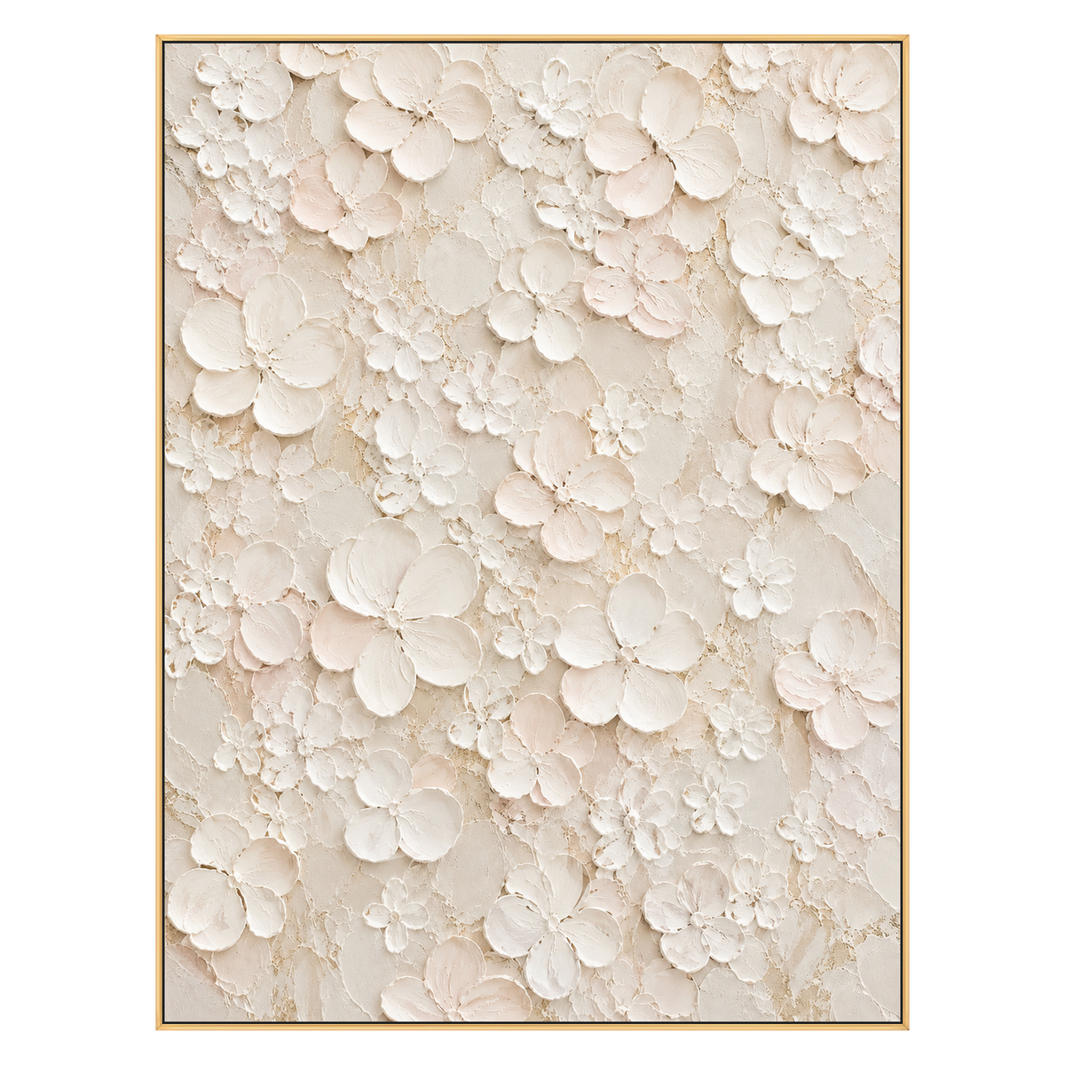 Ivory Petal Garden vertical artwork in a gold frame on a transparent background.