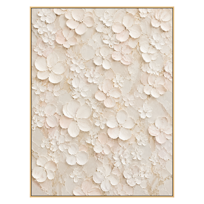 Ivory Petal Garden vertical artwork in a gold frame on a transparent background.