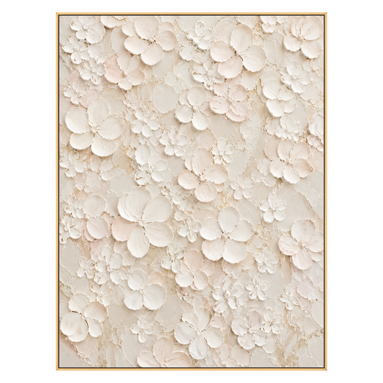 Ivory Petal Garden vertical artwork in a gold frame on a transparent background.