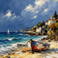 Full coastal artwork of a weathered boat on golden sand, turquoise waves, hillside buildings and white clouds in a blue sky.