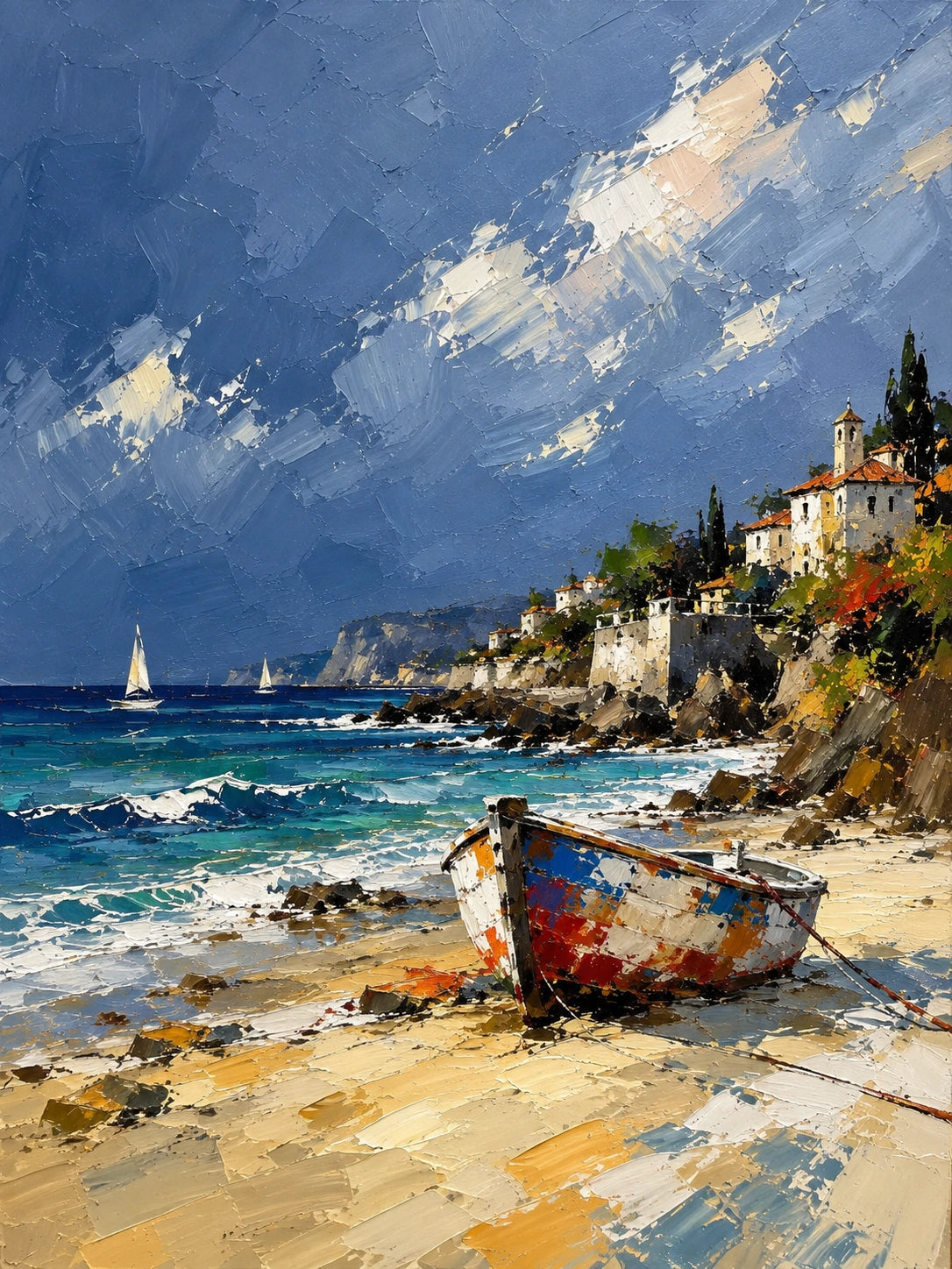 Full coastal artwork of a weathered boat on golden sand, turquoise waves, hillside buildings and white clouds in a blue sky.