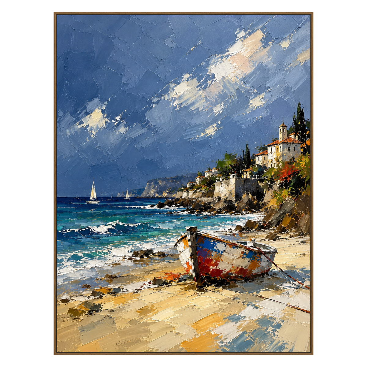Sunlit Cove vertical artwork in a natural wood frame on a transparent background.