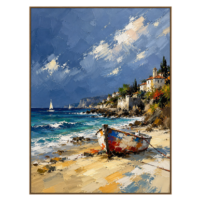 Sunlit Cove vertical artwork in a natural wood frame on a transparent background.