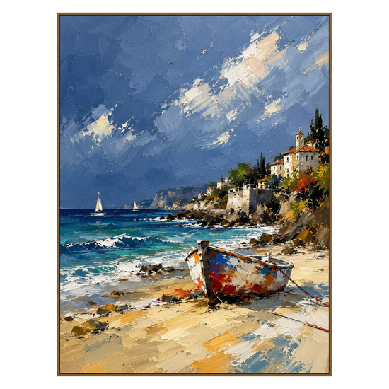Sunlit Cove vertical artwork in a natural wood frame on a transparent background.