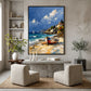 Sunlit Cove painting above a pale console between two neutral armchairs beside built-in shelves.