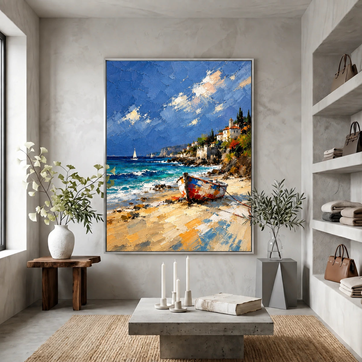 Sunlit Cove painting above a low stone coffee table beside shelves and leafy branches.
