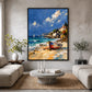 Sunlit Cove painting above a round stone coffee table between pale sofas in a neutral living room.