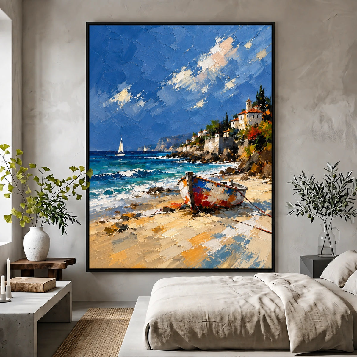 Sunlit Cove painting beside a pale bed with leafy branches in a softly lit neutral bedroom.