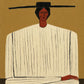 Full figurative artwork of a seated figure in a cream striped garment with a wide black hat, rust-toned face and hands, and an ochre background.