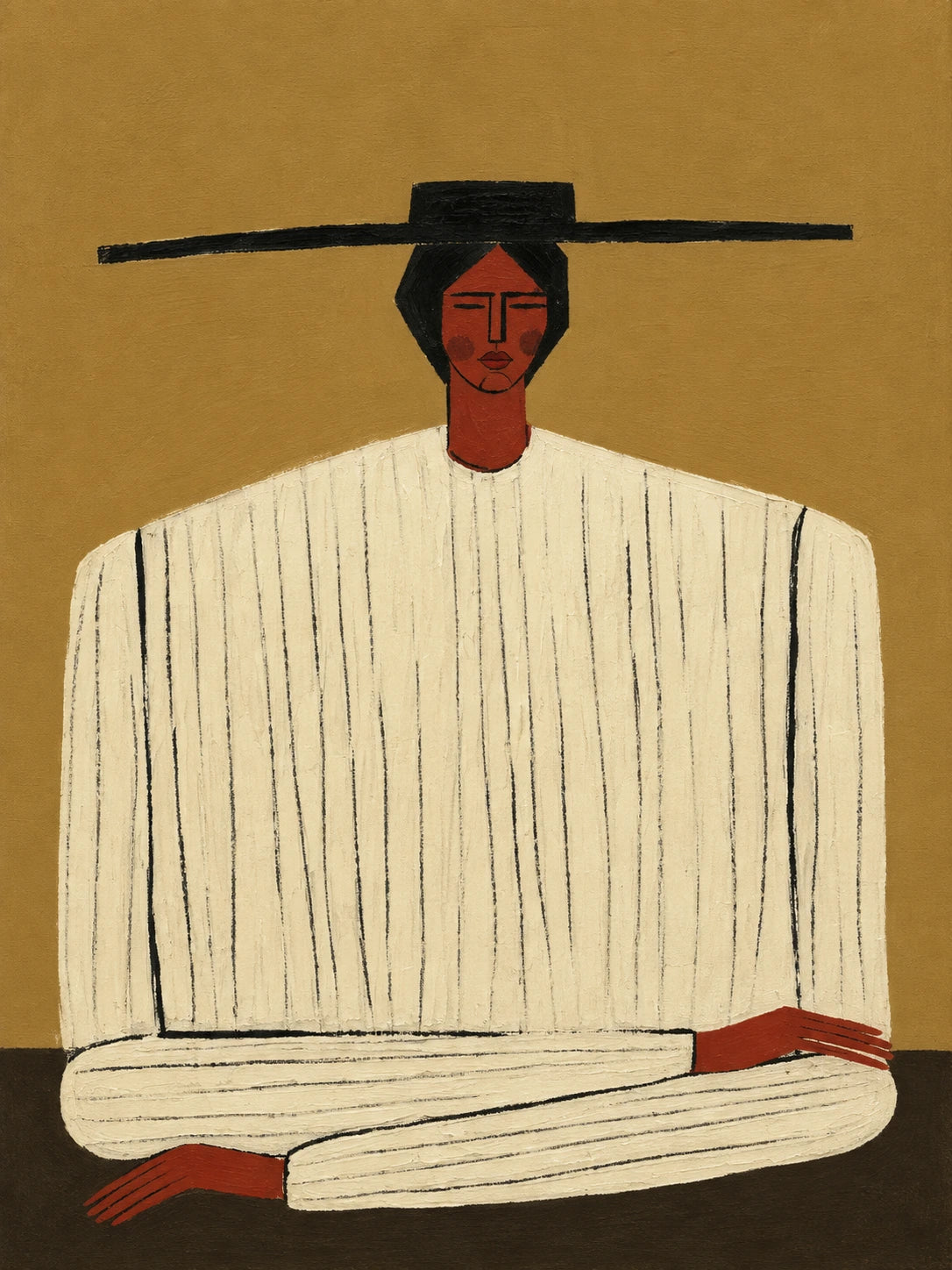 Full figurative artwork of a seated figure in a cream striped garment with a wide black hat, rust-toned face and hands, and an ochre background.