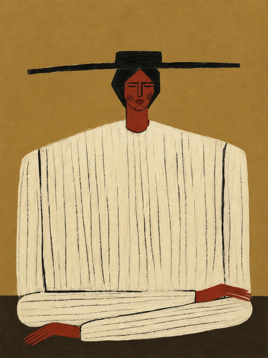 Full figurative artwork of a seated figure in a cream striped garment with a wide black hat, rust-toned face and hands, and an ochre background.